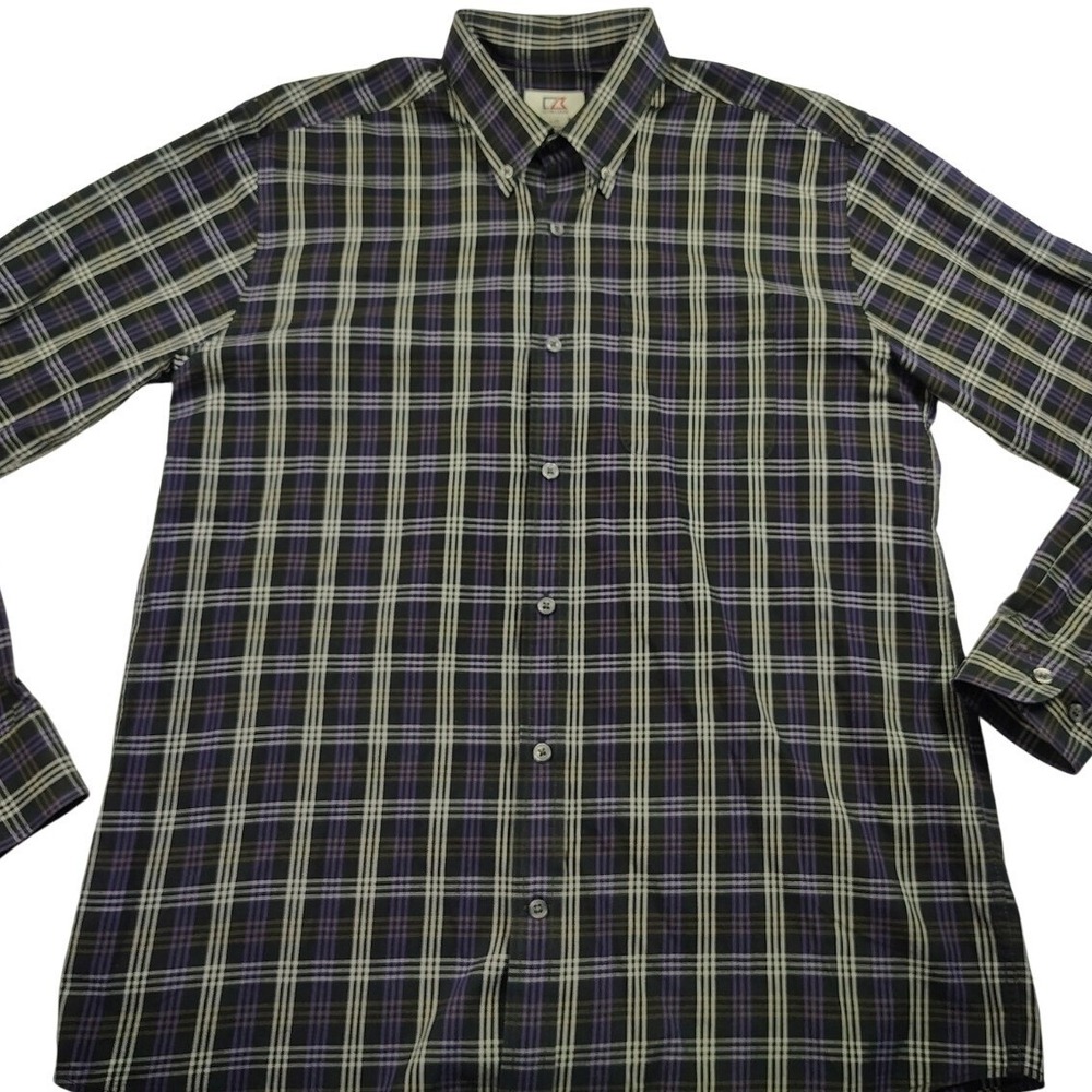 Cutter & Buck Mens Large Button Down Long Sleeve Plaid Black Checkered Shirt